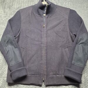 GAP Wool Blend Bomber Jacket Men's S Navy Blue Zip Up Knit Sleeves Elbow Patches